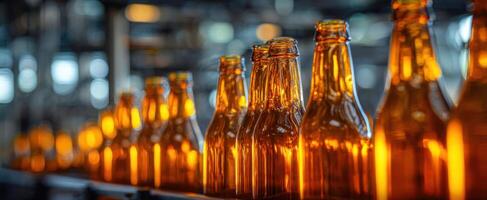 The shimmering amber bottles lined up in a contemporary brewery setting. photo
