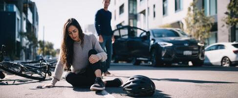 The cyclist injured on the road with a concerned onlooker nearby. photo