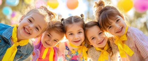 The joyful girls enjoying a vibrant outdoor celebration with colorful balloons. photo