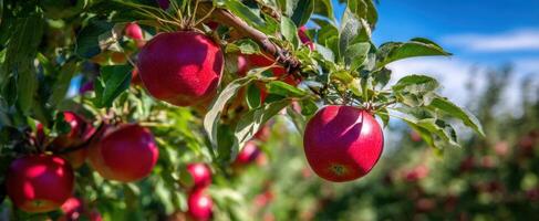 The vibrant red apples hanging from green branches under a clear blue sky. photo