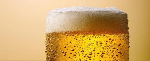 The frothy glass of golden beer with refreshing bubbles. photo