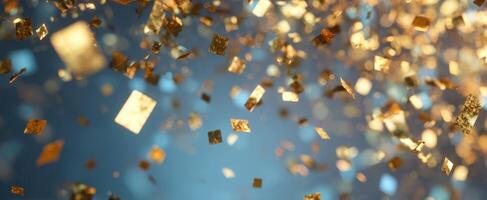 The Colorful Explosion of Gold Confetti Against a Blue Background photo