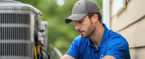The technician performing air conditioner maintenance outdoors with focused expertise. photo
