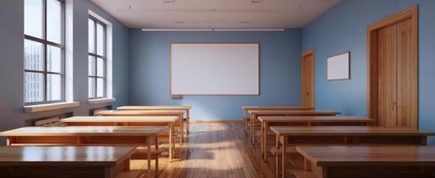 The empty classroom with wooden desks and bright blue walls inviting creativity. photo
