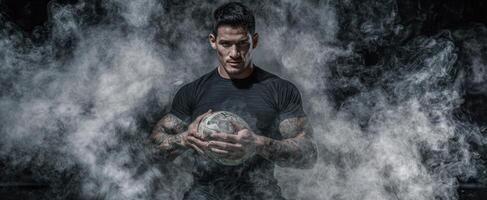 The athlete holding a football amidst dramatic smoke in a powerful pose. photo
