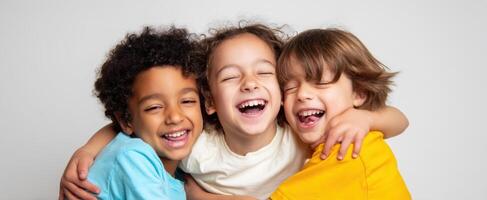 The joyful moment of three children sharing laughter and friendship photo