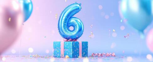 The vibrant blue balloon number six atop a colorful birthday gift. photo