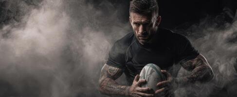 The rugby athlete captured in a moment of intense determination and focus. photo
