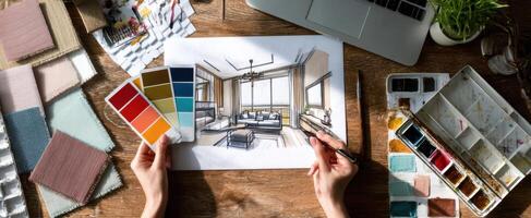 The artist creating a modern interior design sketch with vibrant colors. photo