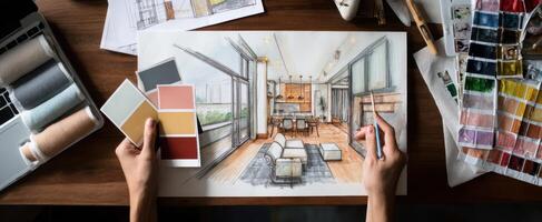 The artist sketching a modern interior design concept with color palettes. photo