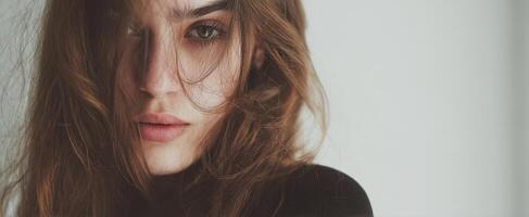 The captivating woman with flowing hair and expressive gaze. photo