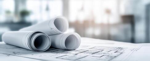 The architectural blueprints rolled up on a table in a bright workspace. photo