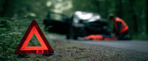 The warning triangle signaling an emergency rescue situation on a forest road. photo