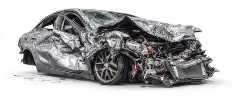 The heavily damaged car showcasing the aftermath of a severe accident. photo