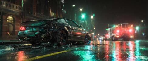 The damaged vehicle in the rain-soaked city street under neon lights. photo