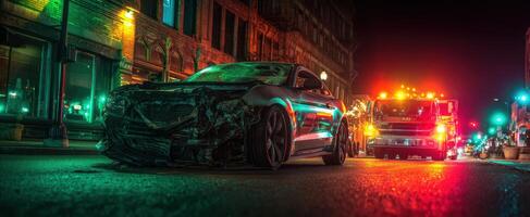 The damaged car illuminated by emergency lights in a vibrant city scene at night. photo