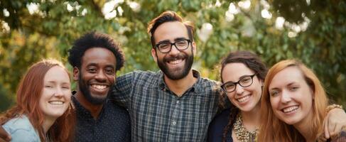 The joyful group of friends enjoying a sunny day in nature together. photo