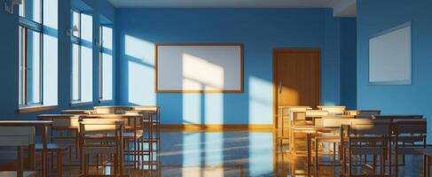 The bright and modern classroom filled with natural light and stylish furniture. photo