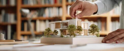 The hand placing a model of a modern house on a workspace. photo