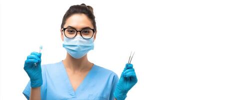 The healthcare professional showcasing dental tools with a friendly smile. photo