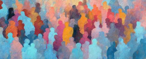 The crowd of abstract figures blending in vibrant colors and silhouettes. photo