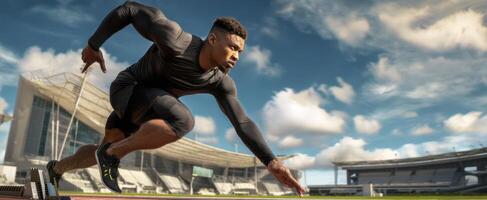 The athlete sprinting on the track against a vibrant stadium backdrop. photo