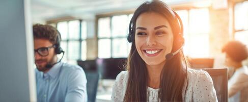 The smiling woman in a headset working in a collaborative office environment. photo