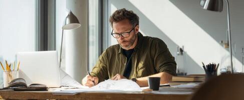 The focused architect engaged in creative design work at his desk photo