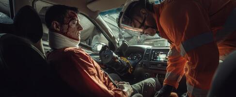A man in an orange shirt is sitting in the driver's seat of a car photo