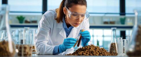 The scientist analyzing soil samples in a modern laboratory setting. photo