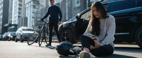 The cyclist helps a woman after an unfortunate accident on the road. photo