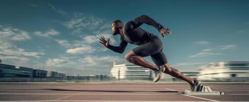 The athlete sprinting down the track in a moment of intense determination. photo