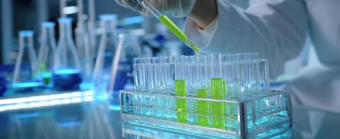 The scientist conducting an experiment with green liquid in test tubes. photo