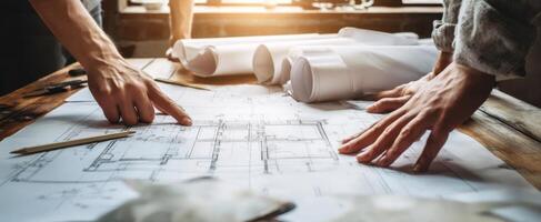 The architects collaborating over detailed blueprints on a wooden table photo