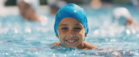The smiling child swimming joyfully in a sunny outdoor pool. photo