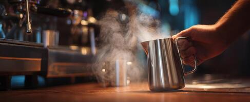 A person is pouring a steaming drink into a pitcher photo
