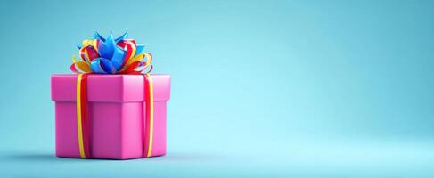 The vibrant pink gift box adorned with a colorful ribbon and bow. photo