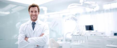 A man in a white lab coat standing in front of a dental office photo