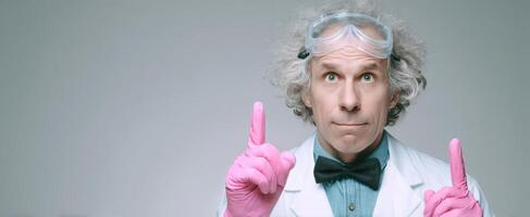 The scientist in pink gloves pondering an idea in the laboratory. photo