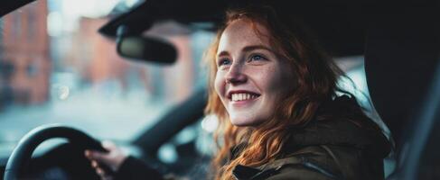 The young woman smiling joyfully while driving her car in the city. photo