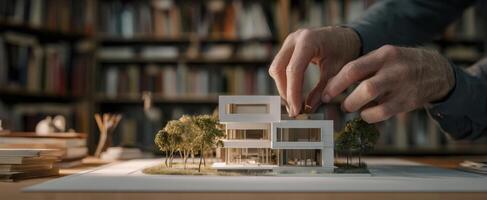 The architect's hands meticulously placing elements on a detailed building model. photo