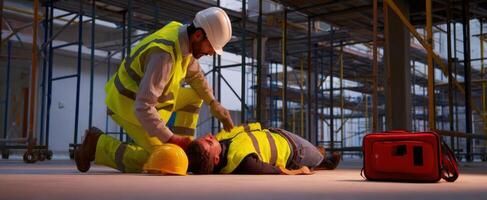 The worker administering first aid to an injured colleague on a construction site. photo