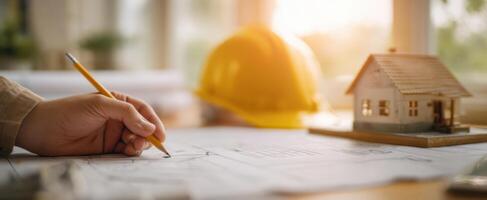 The hand sketching architectural plans beside a model home and hardhat. photo