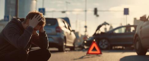 The man overwhelmed by stress after a traffic accident on a busy city street. photo