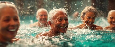 The joyful seniors enjoying a fun swim in a vibrant pool setting. photo