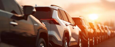 The line of parked vehicles against a stunning sunset backdrop. photo