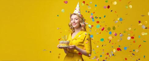 The woman celebrating a birthday with cake amidst colorful confetti. photo