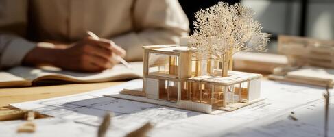 The intricate architectural model showcasing innovative design elements and natural integration. photo
