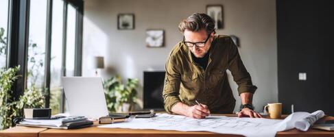 The focused architect analyzing blueprints in a stylish modern workspace. photo