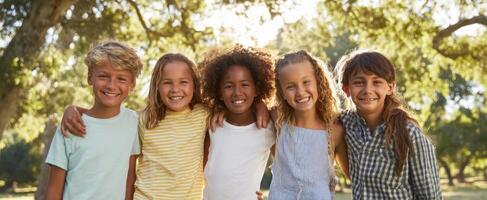 The cheerful group of children enjoying a sunny day in nature. photo